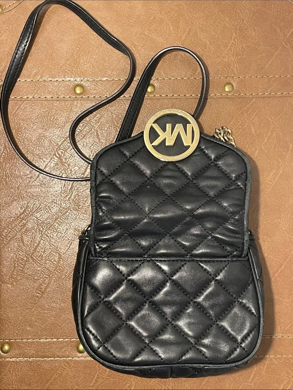 Used Michael Kors Black Quilted Crossbody Bag with Gold Logo